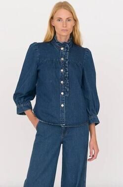 SECULAR by L'Agence Rene Denim Ruffle Button Down Shirt M NWT Dark Wash Coastal